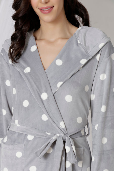 Zivame Velvety Soft Hooded Butter-Soft Poly Knit Robe - Grey N Print — image 5