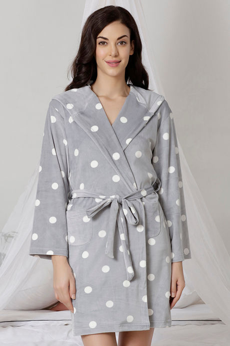 Zivame Velvety Soft Hooded Butter-Soft Poly Knit Robe - Grey N Print — image 6