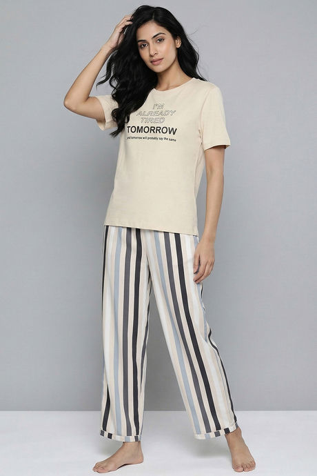 Zivame Bold Stripes Knit Cotton Loungewear Set - Parchment — image 4