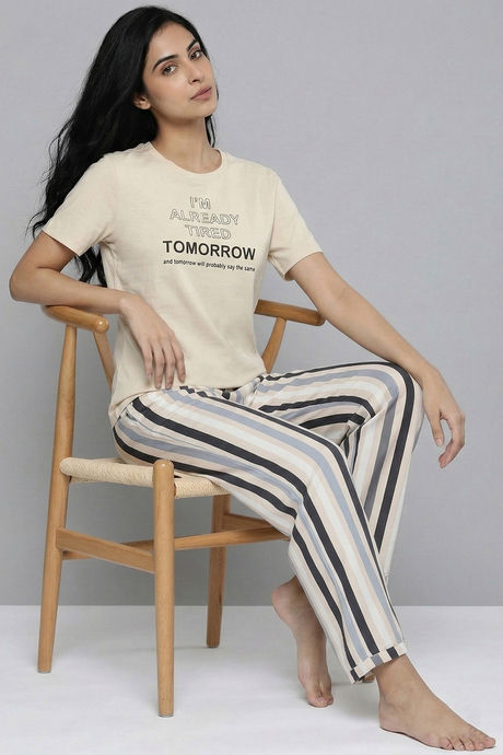 Zivame Bold Stripes Knit Cotton Loungewear Set - Parchment — image 5