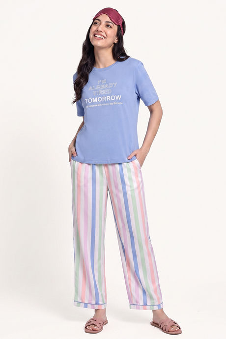 Zivame Bold Stripes Knit Cotton Loungewear Set - Riviera — image 2