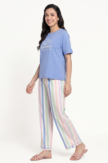 Zivame Bold Stripes Knit Cotton Loungewear Set - Riviera — image 4