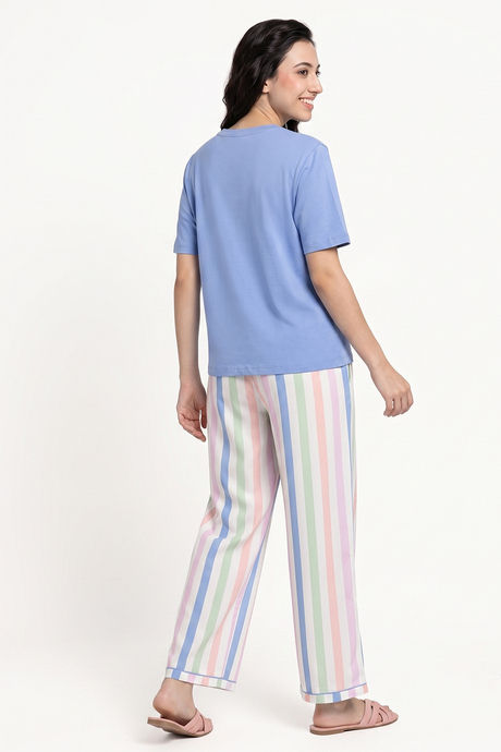Zivame Bold Stripes Knit Cotton Loungewear Set - Riviera — image 5