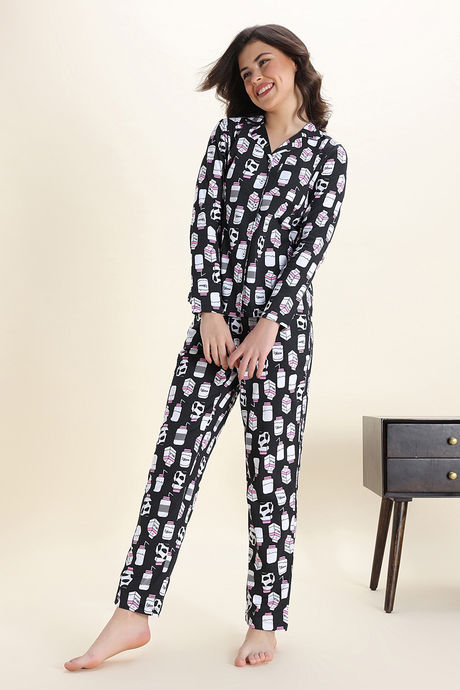 Zivame Farm Lore Knit Cotton Pyjama Set - Jet Black — image 3