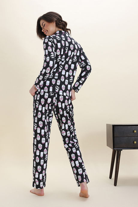 Zivame Farm Lore Knit Cotton Pyjama Set - Jet Black — image 4