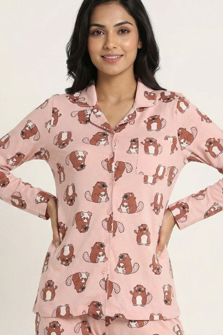 Zivame Farm Lore Knit Cotton Pyjama Set - Peachskin — image 5