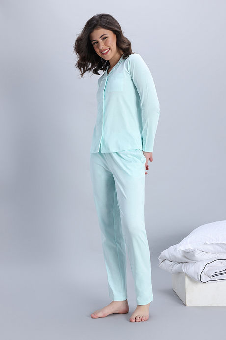 Zivame Knit Cotton Pyjama Set - Opal Blue — image 3