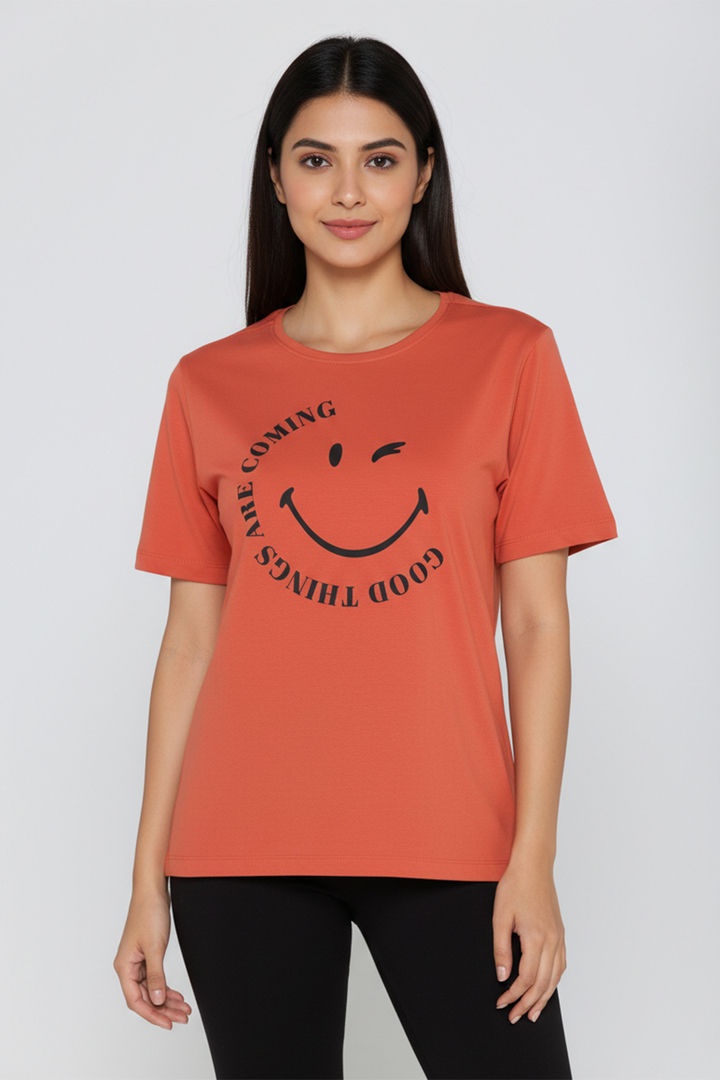 Zivame Smiley World Knit Cotton Lifewear Top - Orange Rust — image 2