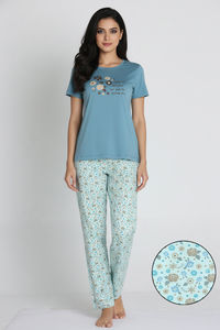 Zivame Knit Cotton Pyjama Set - Pale Aqua — thumbnail 5
