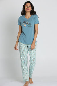 Zivame Knit Cotton Pyjama Set - Pale Aqua — thumbnail 1