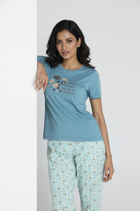 Zivame Knit Cotton Pyjama Set - Pale Aqua — thumbnail 2