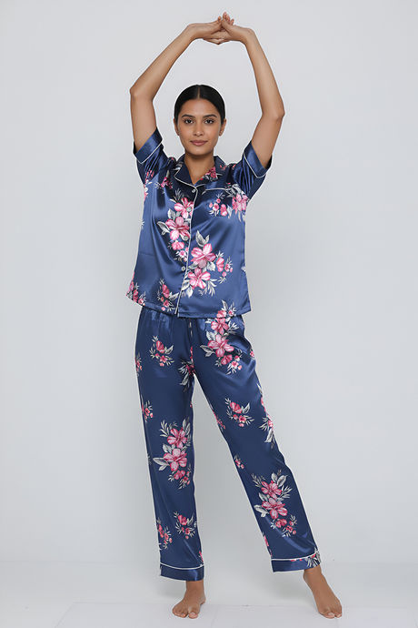 Zivame Satin Pyjama Set - Navy Floral — image 2