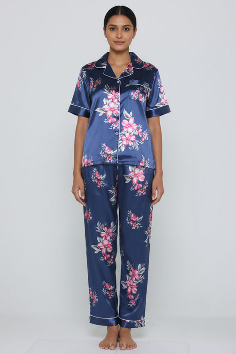 Zivame Satin Pyjama Set - Navy Floral — image 6