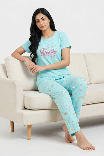 Zivame Farm Lore Knit Cotton Pyjama Set - Island Paradise