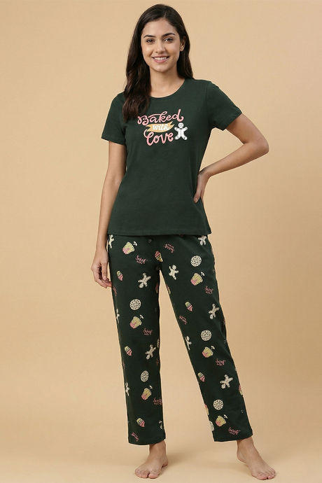 Zivame Farm Lore Knit Cotton Pyjama Set - Pine Grove