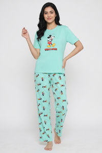 Zivame Mickey Mouse Knit Cotton Loungewear Set - Yucca — thumbnail 1