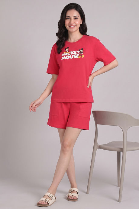 Zivame Mickey Mouse Knit Cotton Loungewear Short Set - Raspberry — image 2