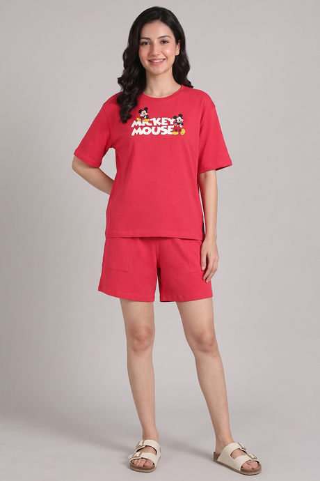 Zivame Mickey Mouse Knit Cotton Loungewear Short Set - Raspberry — image 3