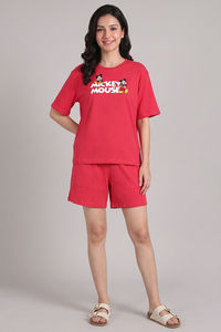 Zivame Mickey Mouse Knit Cotton Loungewear Short Set - Raspberry — thumbnail 3