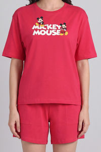 Zivame Mickey Mouse Knit Cotton Loungewear Short Set - Raspberry — thumbnail 6