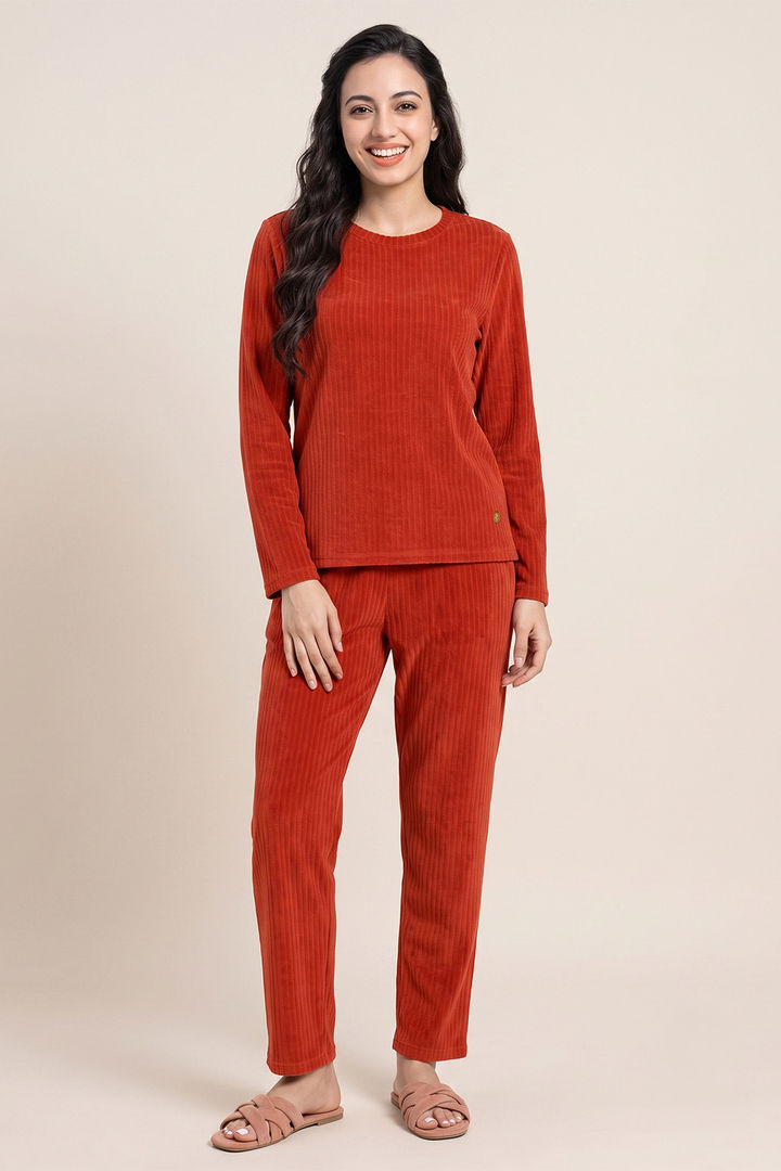 Zivame Velour Knit Poly Winter Loungewear Set - Chilli — image 2