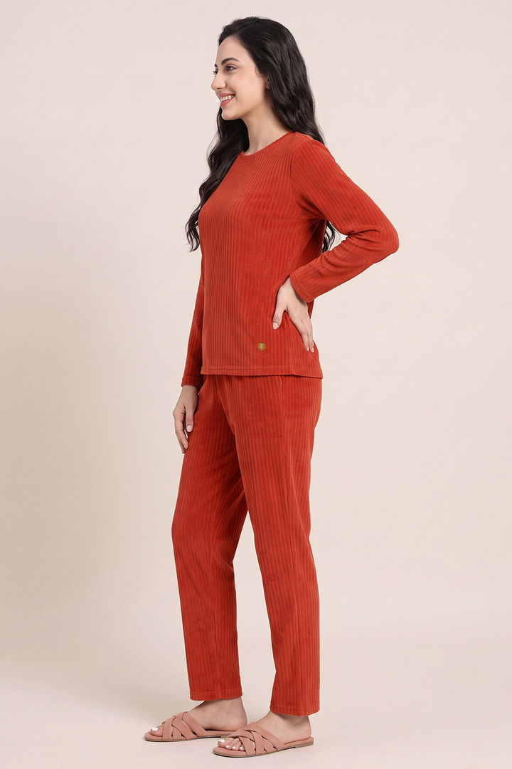 Zivame Velour Knit Poly Winter Loungewear Set - Chilli — image 3