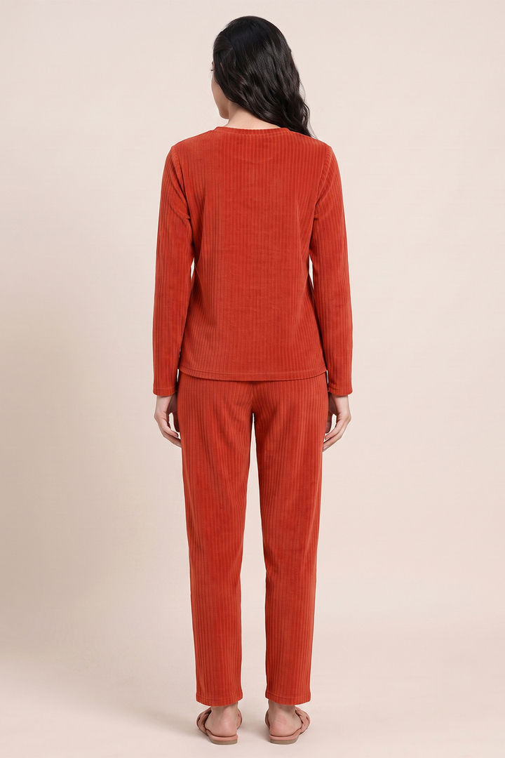 Zivame Velour Knit Poly Winter Loungewear Set - Chilli — image 4