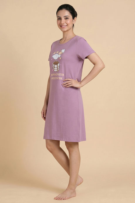 Zivame Farm Lore Knit Cotton Knee Length Nightdress - Lavender — image 2