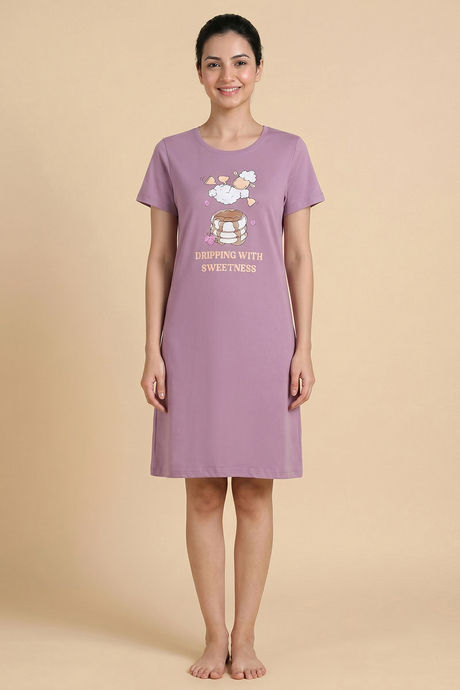 Zivame Farm Lore Knit Cotton Knee Length Nightdress - Lavender — image 4
