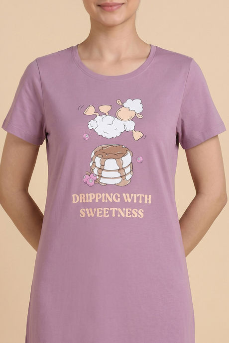 Zivame Farm Lore Knit Cotton Knee Length Nightdress - Lavender — image 5