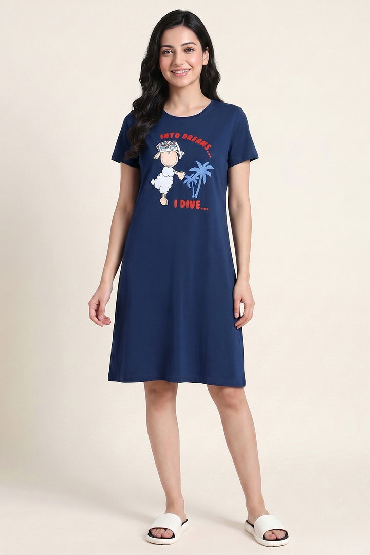 Zivame Farm Lore Knit Cotton Knee Length Nightdress - Navy — image 2