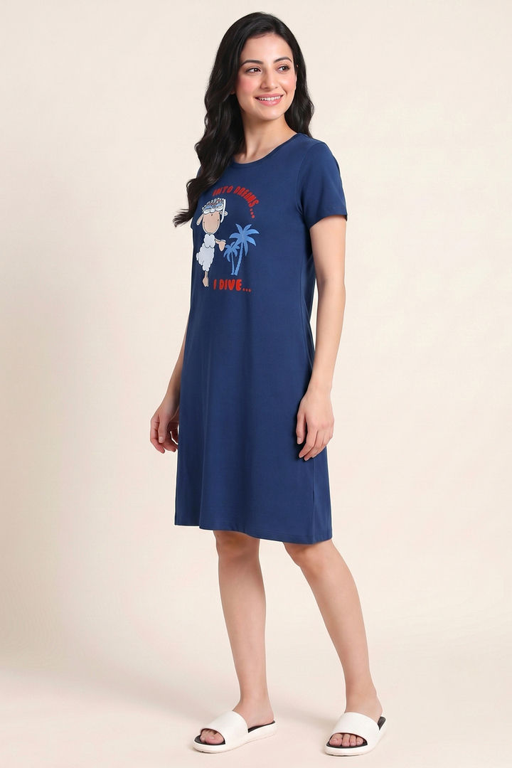 Zivame Farm Lore Knit Cotton Knee Length Nightdress - Navy — image 3