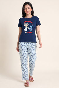 Zivame Farm Lore Knit Cotton Pyjama Set - Navy — thumbnail 1