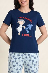 Zivame Farm Lore Knit Cotton Pyjama Set - Navy — thumbnail 4
