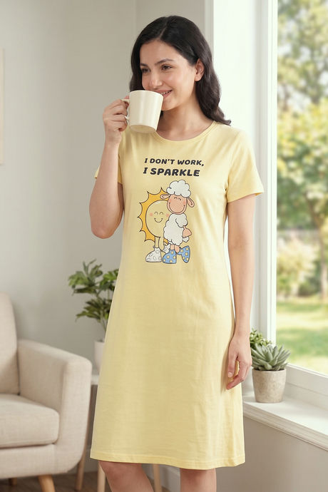 Zivame Farm Lore Knit Cotton Knee Length Nightdress - Yellow Buy Zivame Farm Lore Knit Cotton Knee Length Nightdress - Yellow