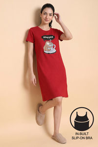 Zivame Farm Lore Knit Cotton Knee Length Nightdress With In Built Slip On Bra - Samba — thumbnail 1