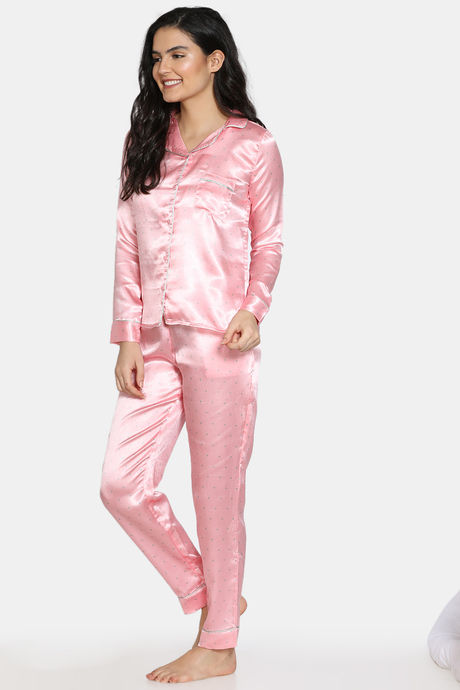 Zivame Satin Stripes N Polkas Polyester Pyjama Set - Pink N Print — image 2
