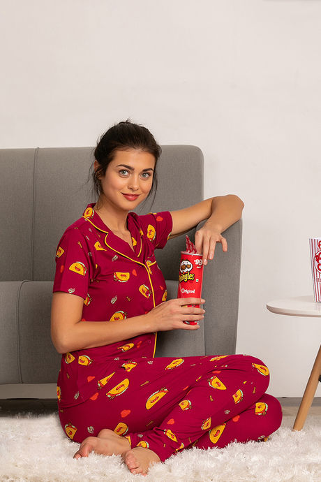 Zivame Mid Night Munchies Polyester Pyjama Set - Maroon — image 4