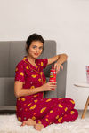 Zivame Mid Night Munchies Polyester Pyjama Set - Maroon — thumbnail 4