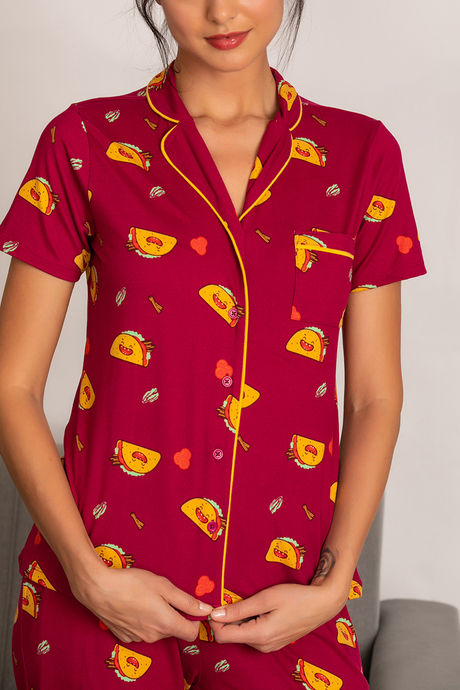 Zivame Mid Night Munchies Polyester Pyjama Set - Maroon — image 5