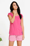 Zivame Varsity Knit Cotton Blend Shorts Set - Pink Stripes — thumbnail 1
