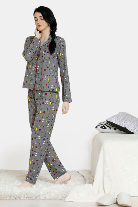 Zivame Beach Party Butter-Soft Poly Knit Pyjama Set - Grey Print — image 2