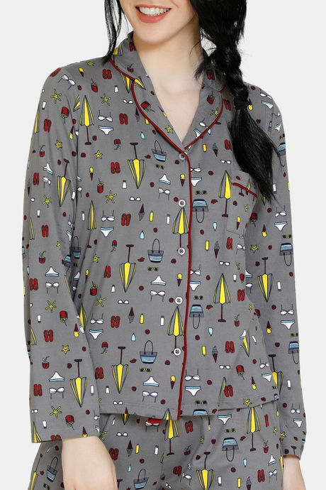 Zivame Beach Party Butter-Soft Poly Knit Pyjama Set - Grey Print — image 4