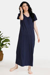Zivame Dark Blooms Knit Cotton Full Length Nightdress - Navy — thumbnail 1