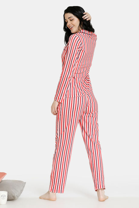 Zivame Stripes And Fun Knit Cotton Pyjama Set - Peach — image 3