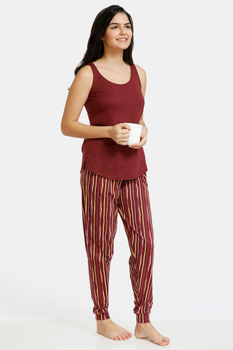 Zivame Stripes And Fun Knit Cotton Pyjama Set - Maroon — image 2