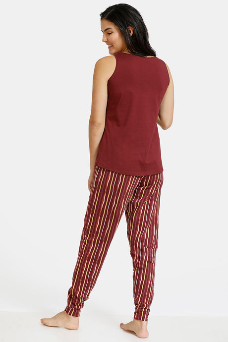 Zivame Stripes And Fun Knit Cotton Pyjama Set - Maroon — image 3