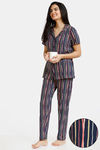Zivame Stripes And Fun Knit Cotton Pyjama Set - Navy — thumbnail 1