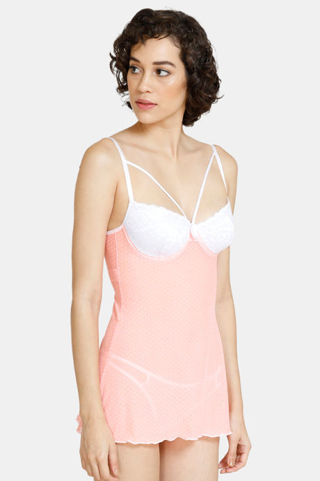 Zivame Padded Wired Lace N Mesh Babydoll With Thong - Peach — image 2