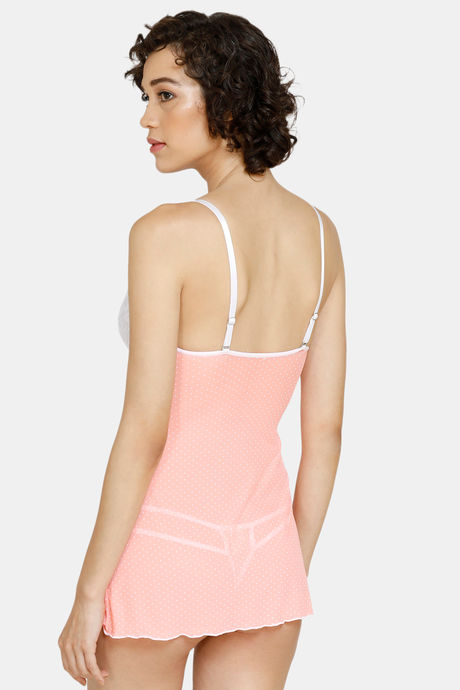 Zivame Padded Wired Lace N Mesh Babydoll With Thong - Peach — image 3